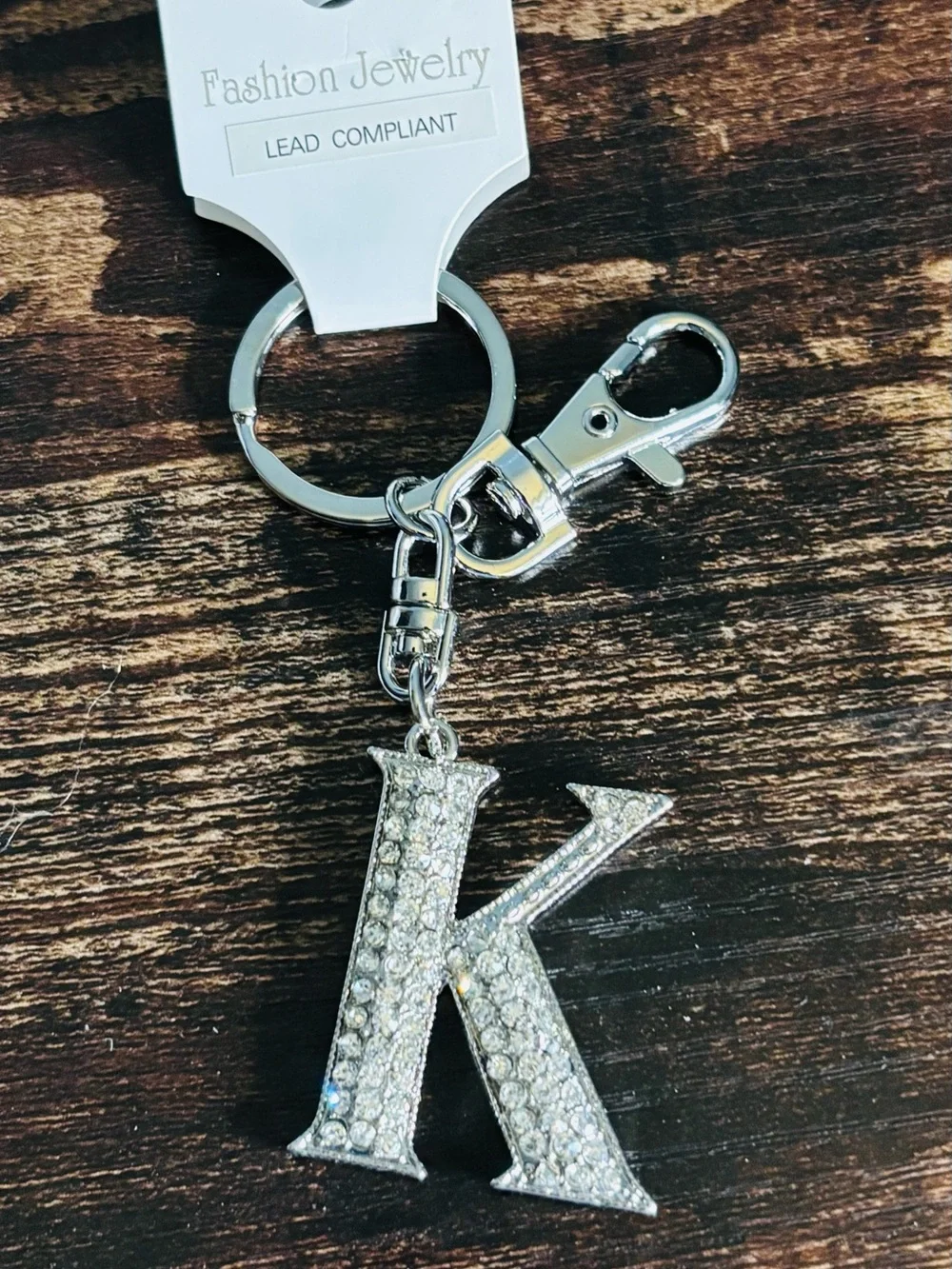 Silver Tone‎ Sparkling Crystal Rhinestone Letter K Key Ring with Clasp